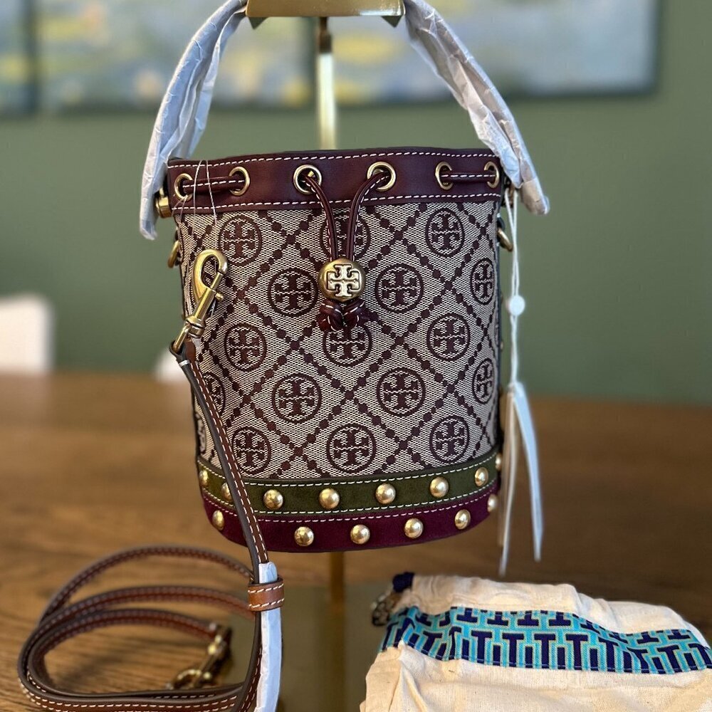 NWT! NEW Tory Burch T Monogram Jacquard Studded Mini Bucket Bag -multi leather